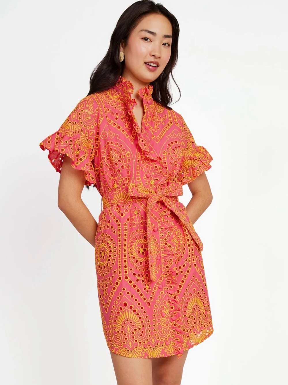 Eyelet Ruffle Tie-Waist Mini Dress in Coral Pink